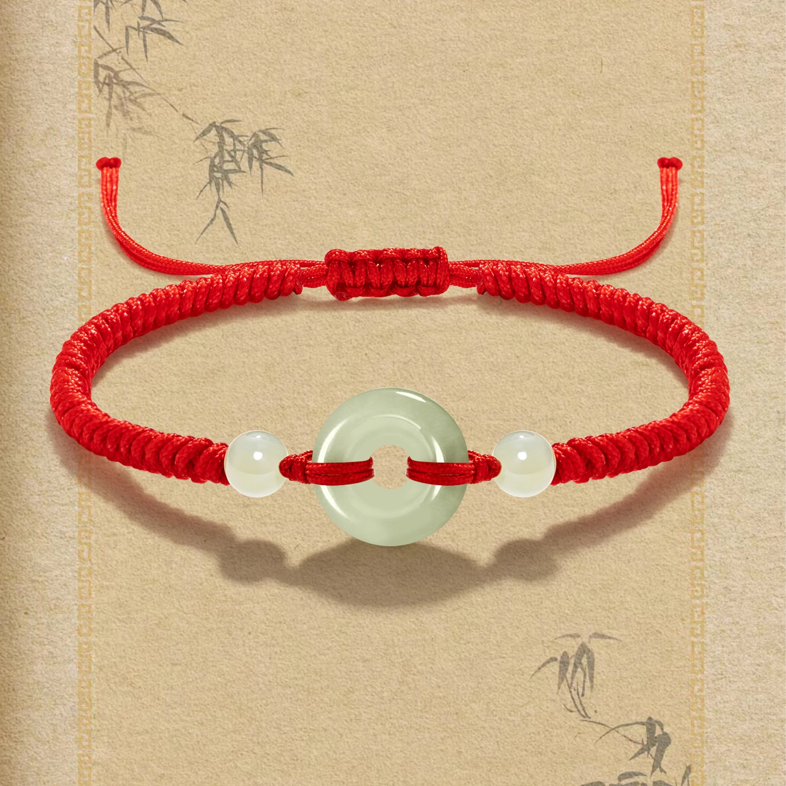 晶城购 【高品】平安扣手工编织绳 本命年转运纳福红绳 抽绳可调节大小 新中式国风黑绳 和田玉 手链 男女同款情侣款 青白玉