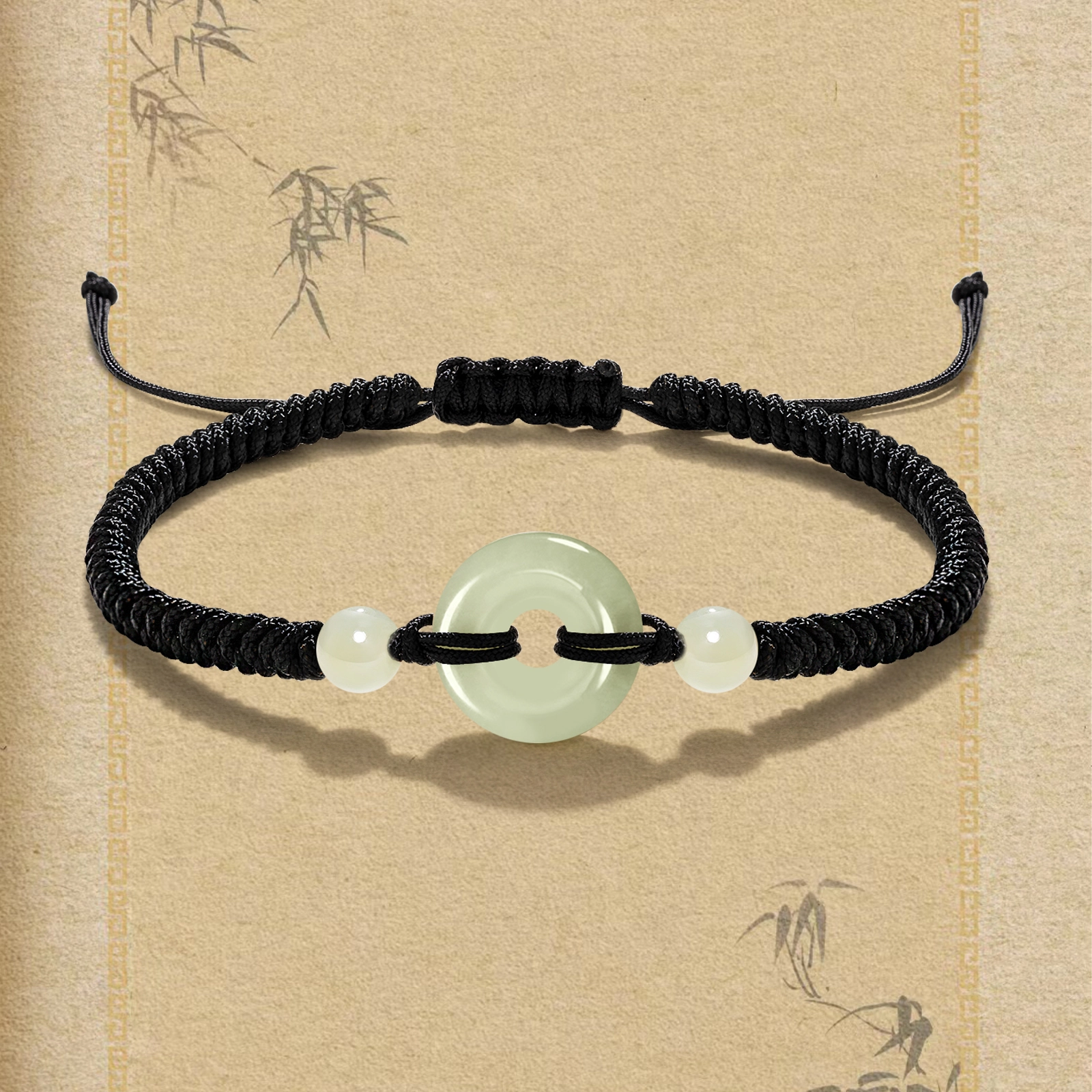 晶城购 【高品】平安扣手工编织绳 本命年转运纳福红绳 抽绳可调节大小 新中式国风黑绳 和田玉 手链 男女同款情侣款 青白玉