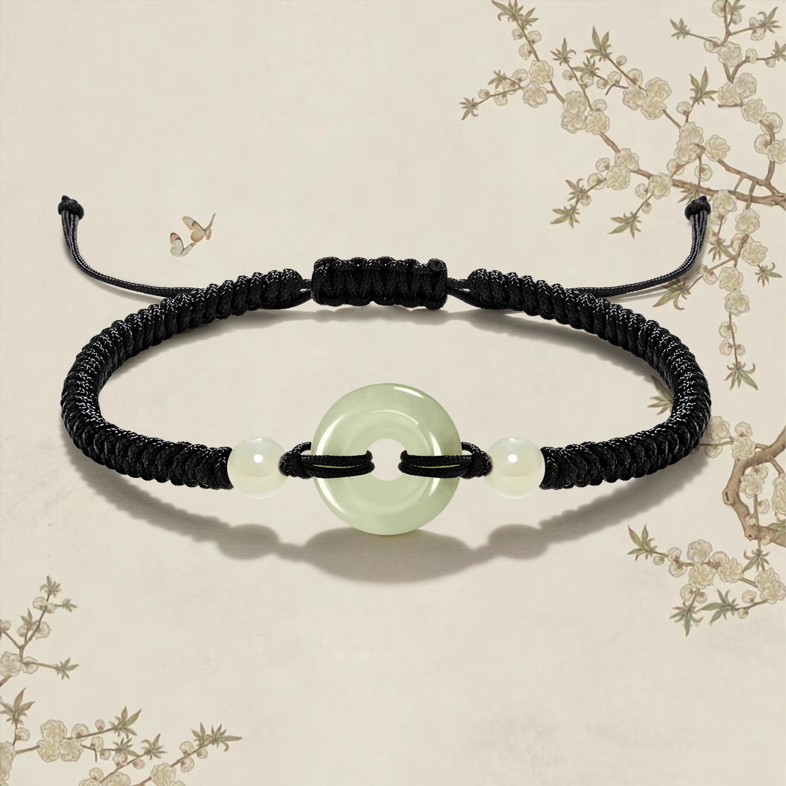 晶城购 【高品】平安扣手工编织绳 本命年转运纳福红绳 抽绳可调节大小 新中式国风黑绳 和田玉 手链 男女同款情侣款 青白玉