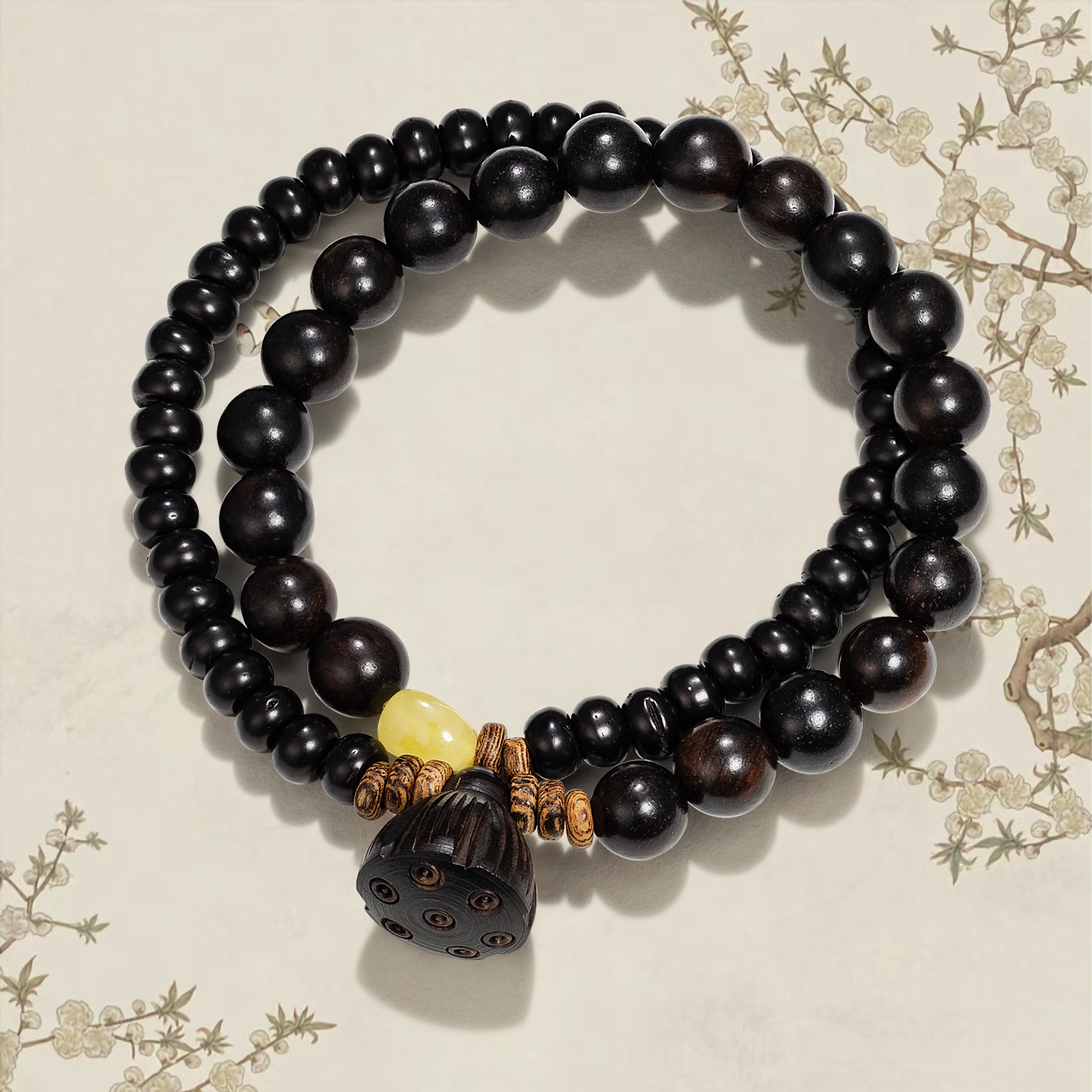 晶城购 禅意椰壳莲蓬佛珠念珠串 国风文玩手捻盘玩双圈黑色木质 复古佩戴转运 黑檀 手串 男女同款情侣款