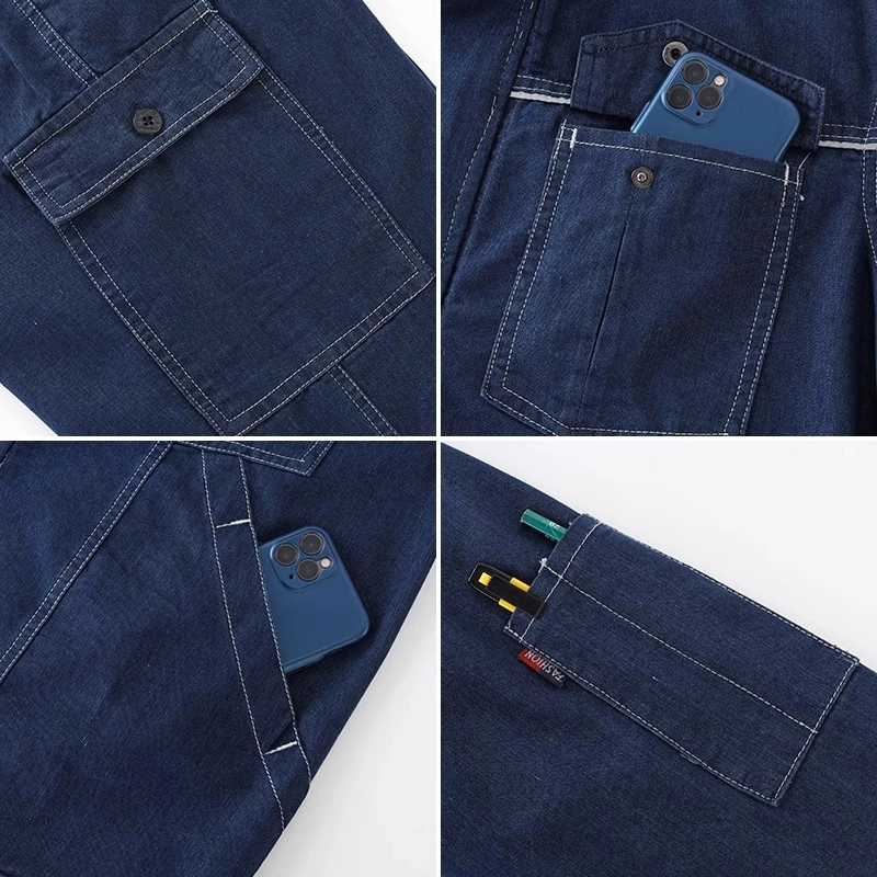邦固依品 牛仔工作服男夏季薄款透气拉链大口袋工厂车间电焊工劳保服休闲运动套装 男女同款
