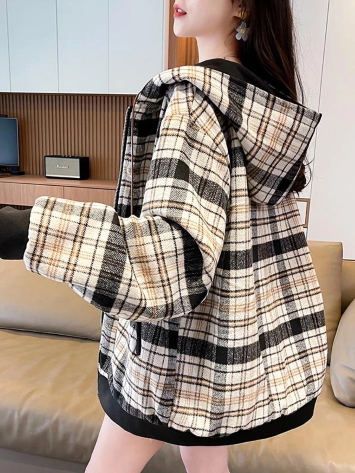 邦固依品 双面穿休闲格子棒球服外套女春秋季连帽初高中学生设计感上衣夹克 女款