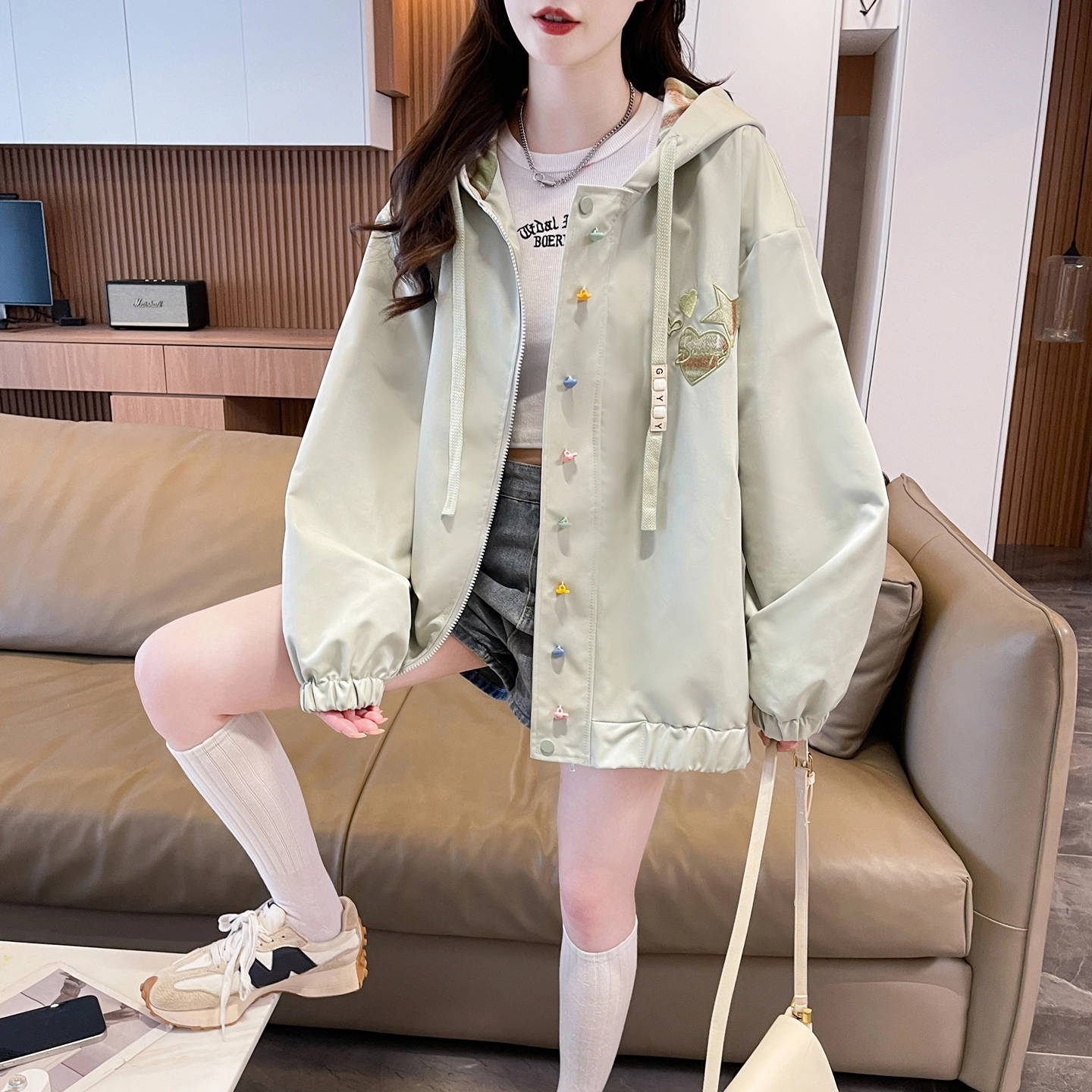邦固依品 格子刺绣外套女春秋季少女夹克初高中学生大童上衣棒球服 女款
