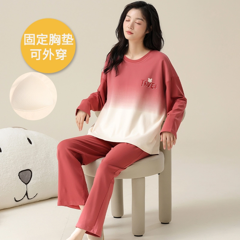 帕兰朵 女春秋款带胸垫一体防走光女士甜美卡通秋冬可外穿家居服睡衣套装 女款