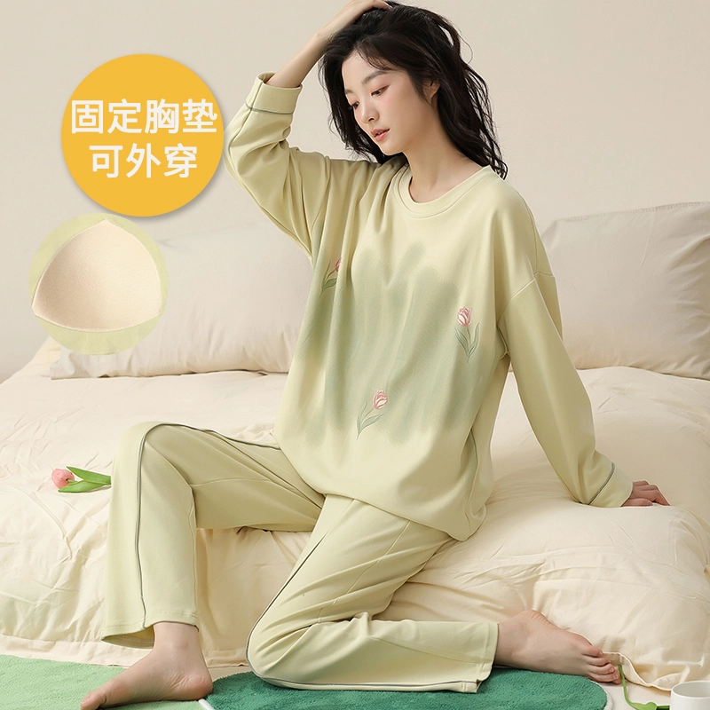帕兰朵 春秋款带胸垫一体防走光女士甜美卡通秋冬可外穿女家居服睡衣套装 女款