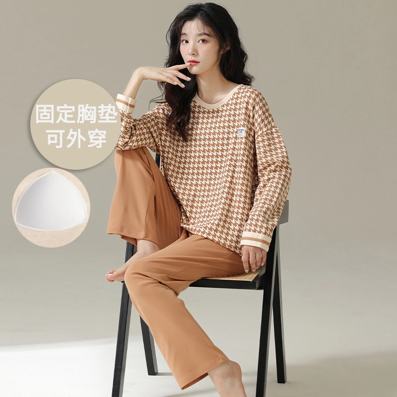 帕兰朵 春秋款带胸垫一体防走光女士甜美卡通秋冬可外穿家居服睡衣套装 女款