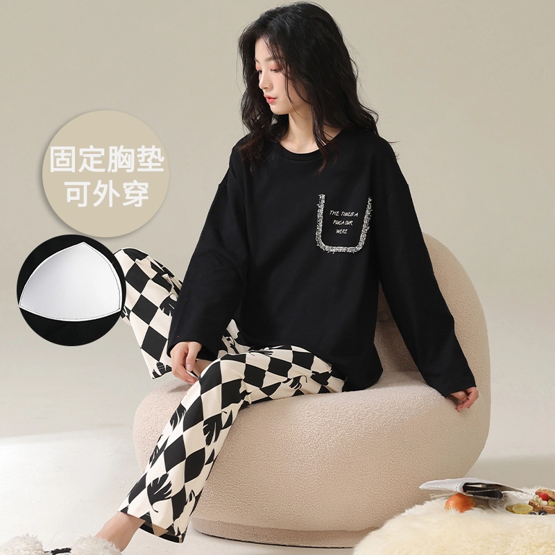 帕兰朵 春秋款带胸垫一体防走光女士甜美卡通秋冬可外穿家居服女睡衣套装 女款