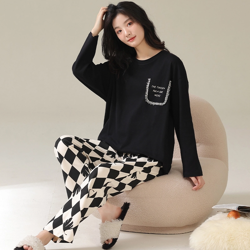 帕兰朵 春秋款带胸垫一体防走光女士甜美卡通秋冬可外穿家居服女睡衣套装 女款