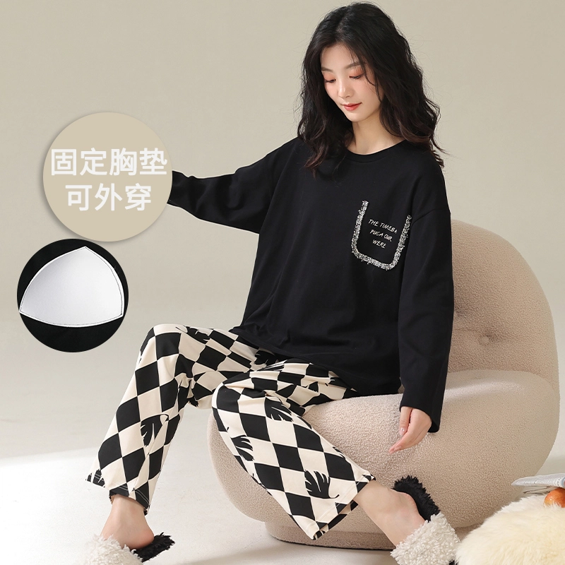 帕兰朵 春秋款带胸垫一体防走光女士甜美卡通秋冬可外穿家居服女睡衣套装 女款