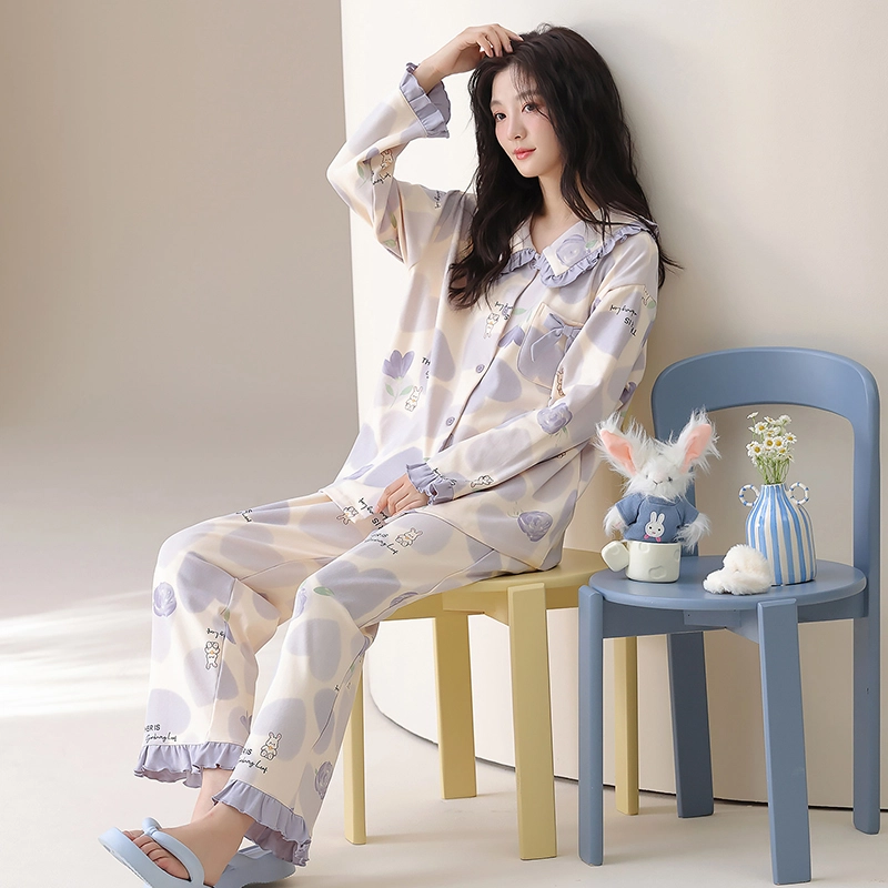 帕兰朵 春秋冬季高级感长袖外穿加大码家居服纯棉女士舒适柔软睡衣套装 女款