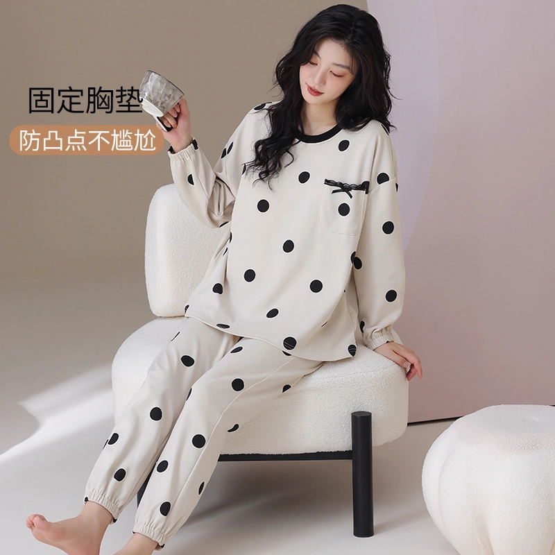 帕兰朵 春秋季纯棉长袖长裤圆领女士宽松全棉家居服舒适透气睡衣套装 女款