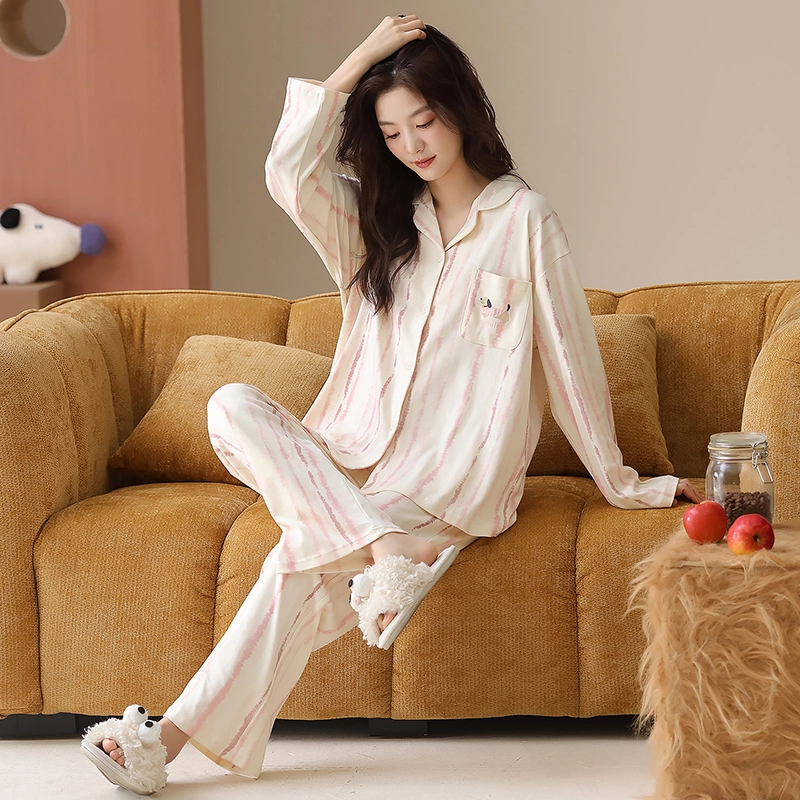 帕兰朵 纯棉女士春秋长袖长裤休闲开衫简约甜美家居服薄款可外穿舒适睡衣套装 女款