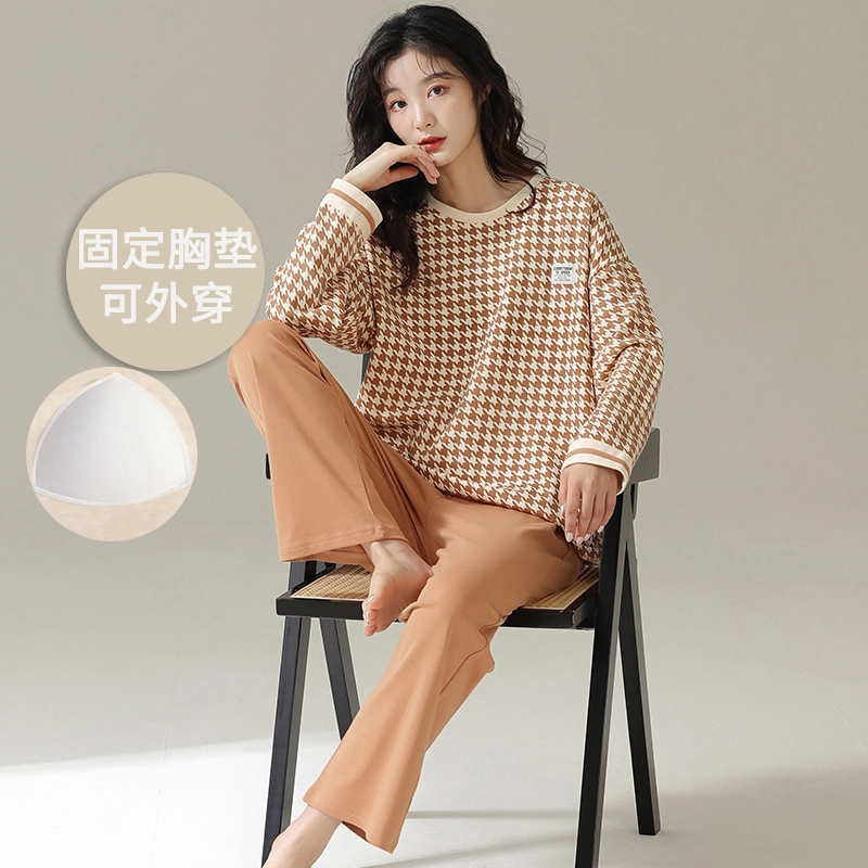 帕兰朵 春秋款带胸垫一体防走光女士甜美卡通秋冬可外穿家居服睡衣套装 女款