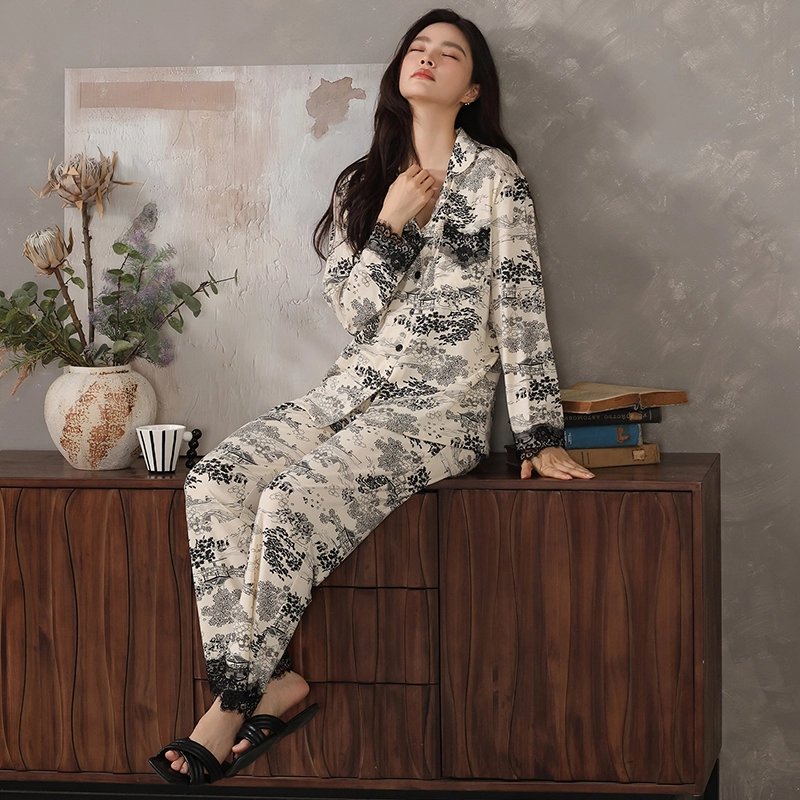 帕兰朵 女士春秋季莫代尔棉简约知性风翻领开衫款可外穿女家居服睡衣套装 女款