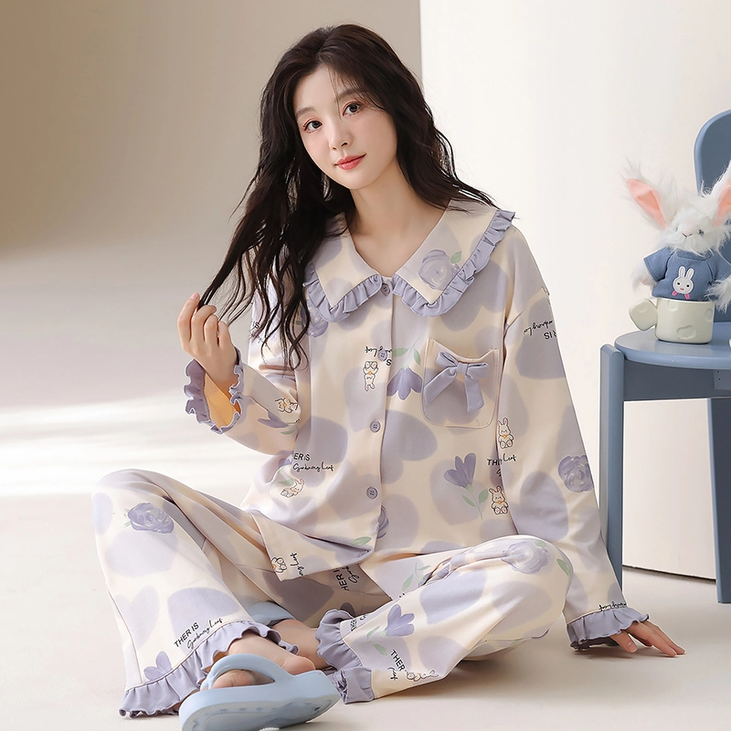 帕兰朵 春秋冬季高级感长袖外穿加大码家居服纯棉女士舒适柔软睡衣套装 女款
