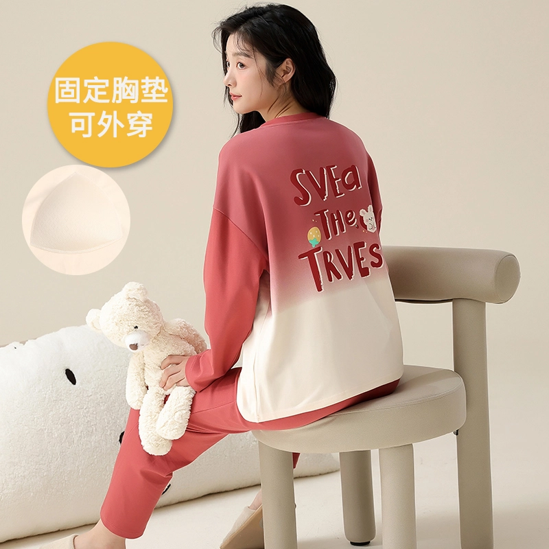 帕兰朵 女春秋款带胸垫一体防走光女士甜美卡通秋冬可外穿家居服睡衣套装 女款