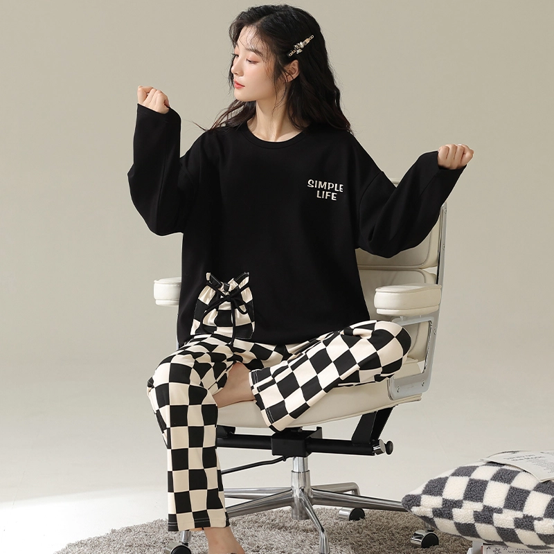 帕兰朵 纯棉春秋季带胸垫一体长袖格子长裤休闲可外穿家居服舒适睡衣套装 女款