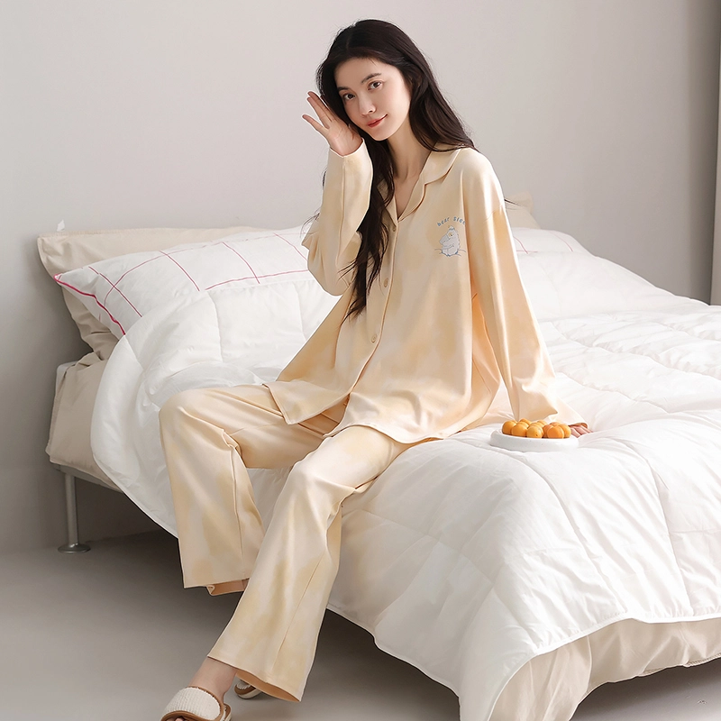 帕兰朵 春秋季纯棉长袖长裤可爱卡通小熊大码宽松家居服外穿睡衣套装 女款