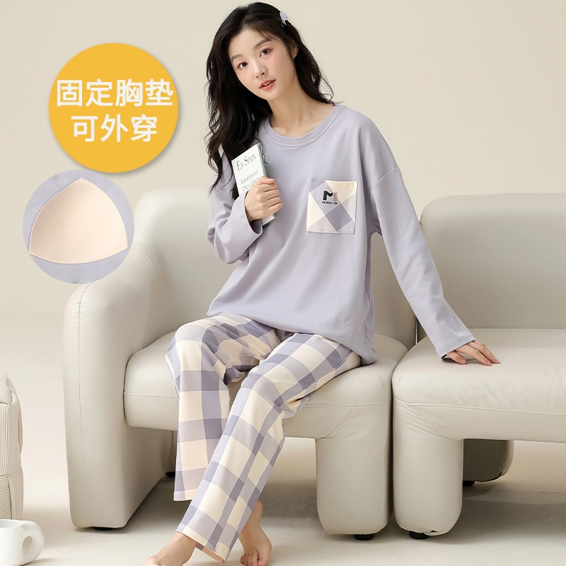 帕兰朵 纯棉春秋款长袖长裤圆领可爱卡通休闲宽松可外穿家居服女士睡衣套装 女款