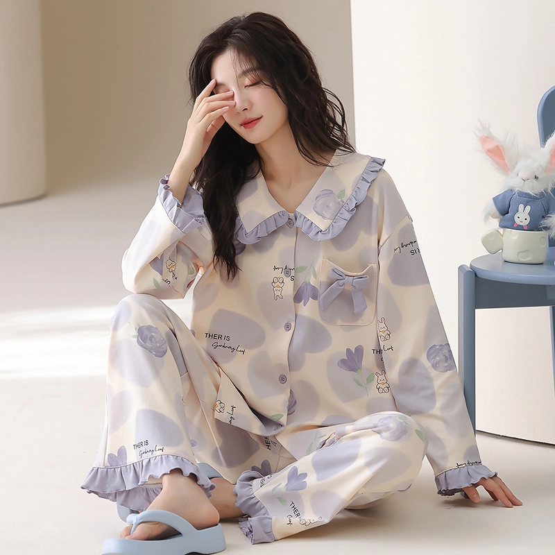帕兰朵 春秋冬季高级感长袖外穿加大码家居服纯棉女士舒适柔软睡衣套装 女款