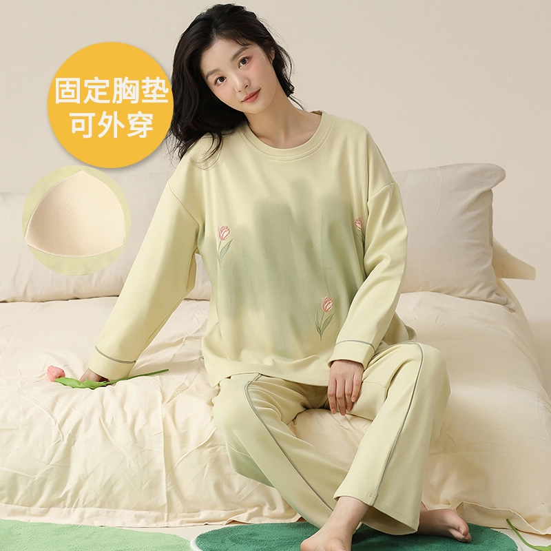 帕兰朵 春秋款带胸垫一体防走光女士甜美卡通秋冬可外穿女家居服睡衣套装 女款