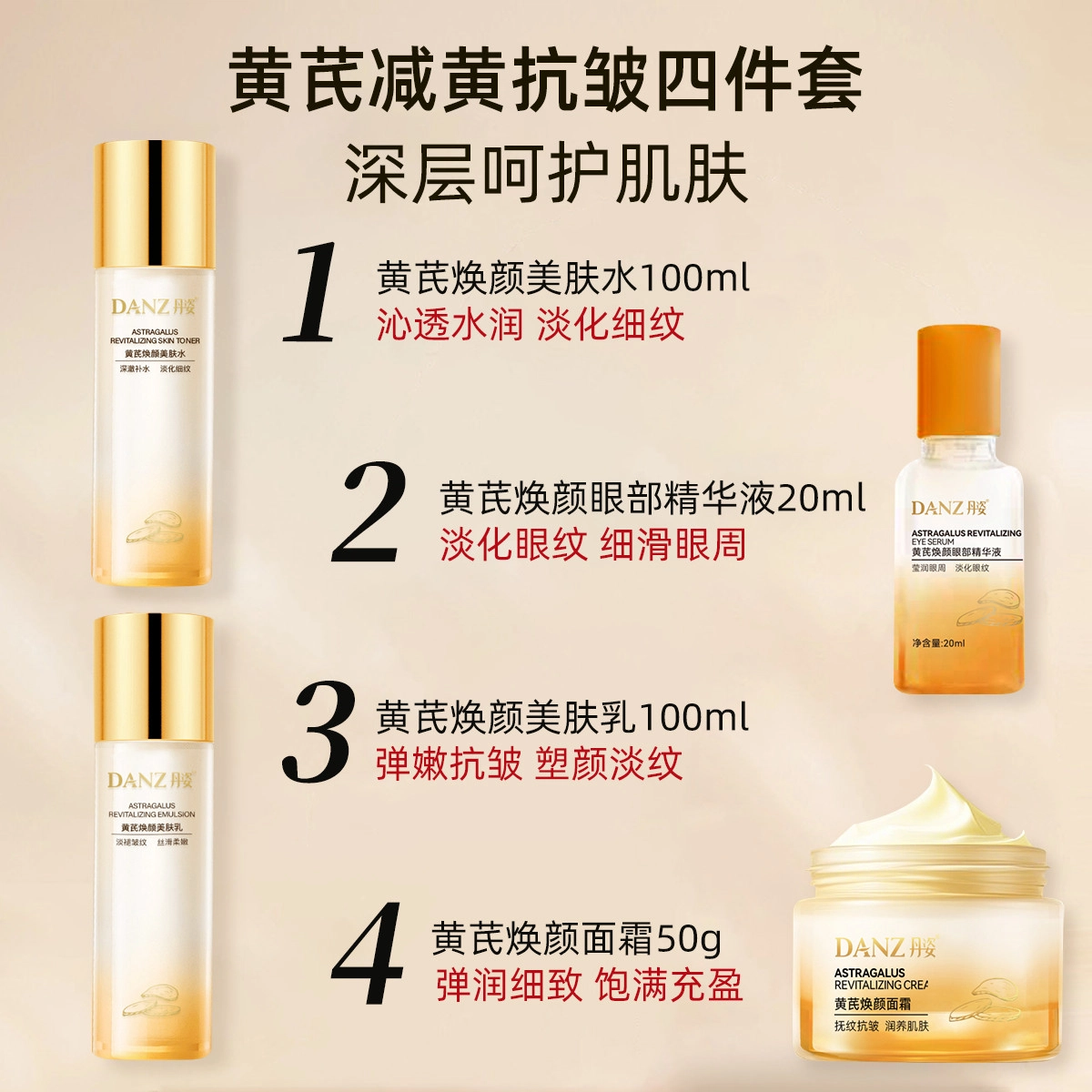 丹姿 黄芪水乳液面霜眼部精华液护肤组合四件套紧致抗皱 淡纹