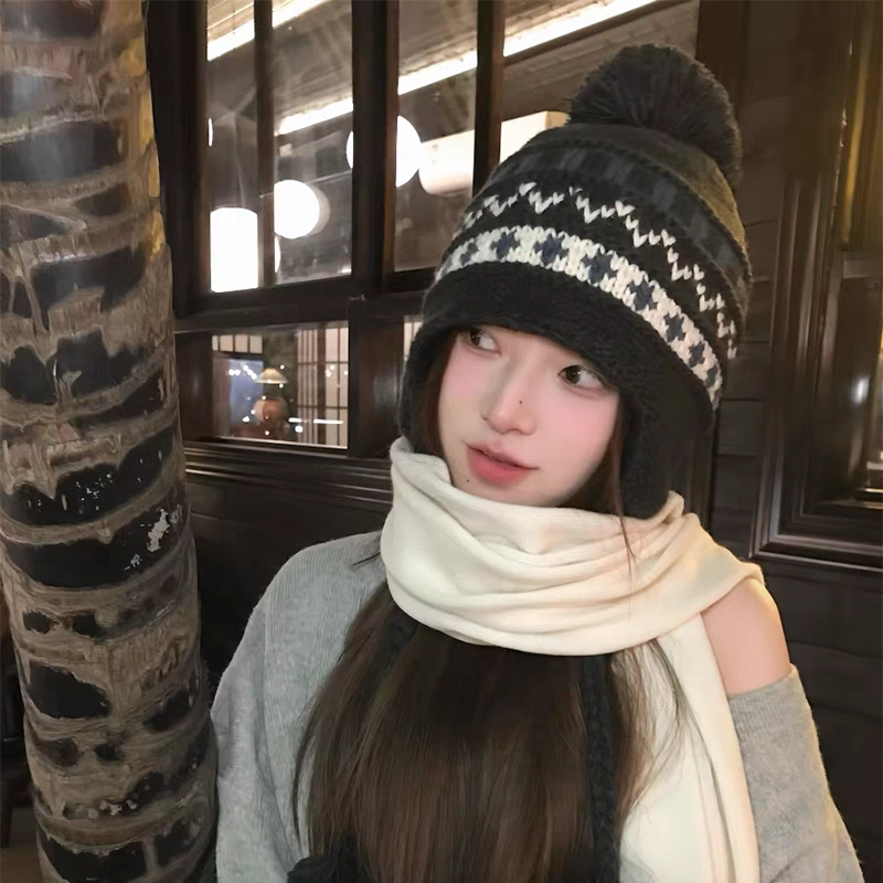 无限兔 费尔岛风毛球提花显脸小设计感针织帽毛绒帽子毛线冬季加绒加厚保暖防寒潮 腈纶 绒线帽雷锋帽护耳帽 男女同款情侣款
