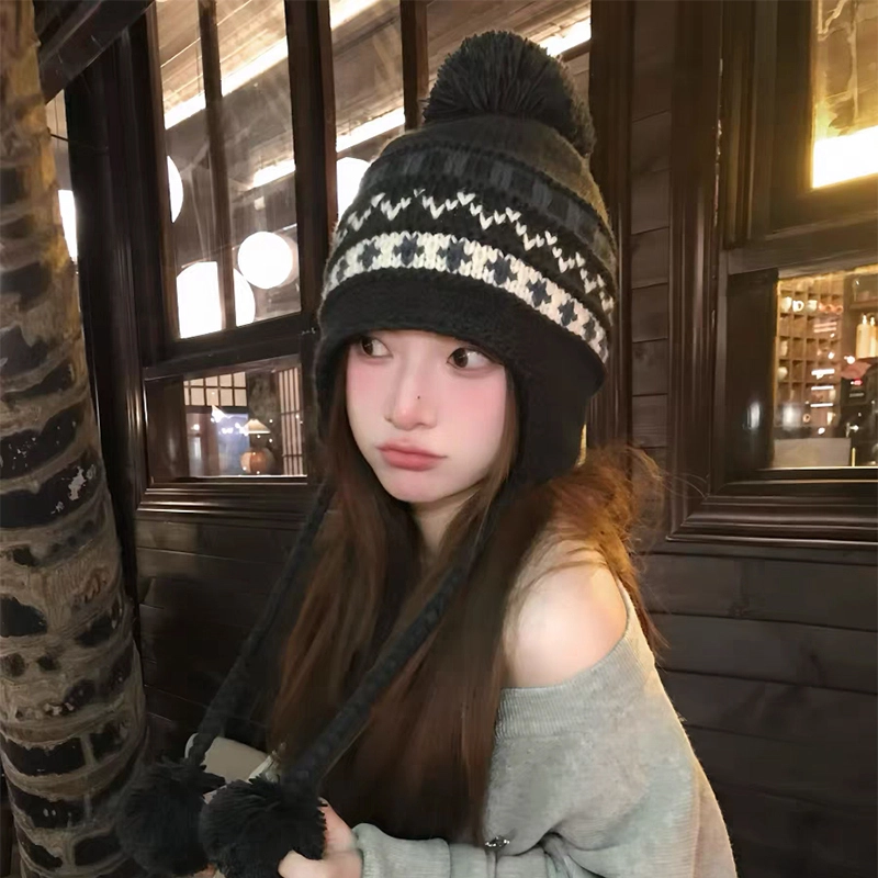 无限兔 费尔岛风毛球提花显脸小设计感针织帽毛绒帽子毛线冬季加绒加厚保暖防寒潮 腈纶 绒线帽雷锋帽护耳帽 男女同款情侣款