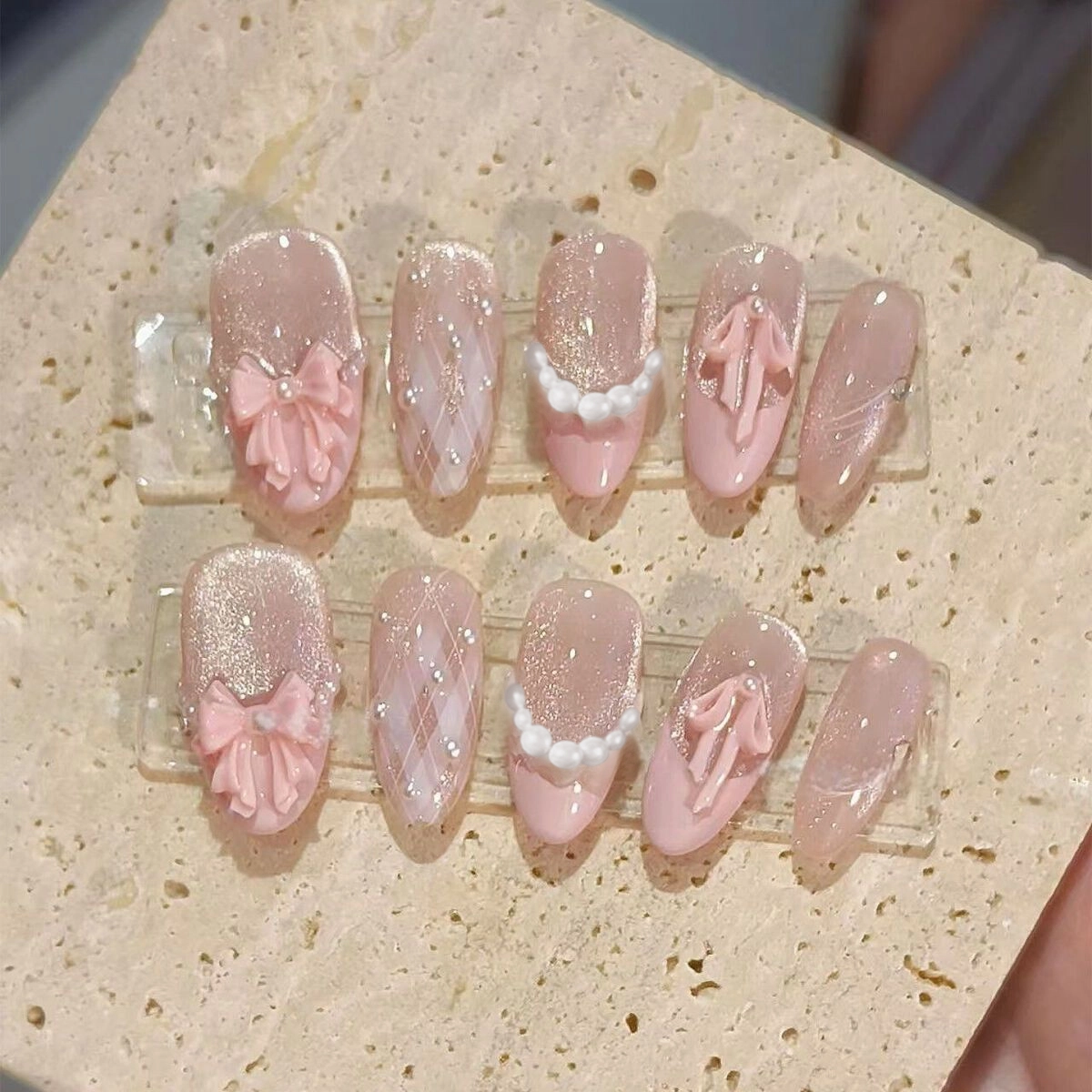 计轩 半手工美甲穿戴甲显白气质猫眼蝴蝶结高级法式贴片可拆卸指甲  椭圆粉色蝴蝶结晕染 猫眼