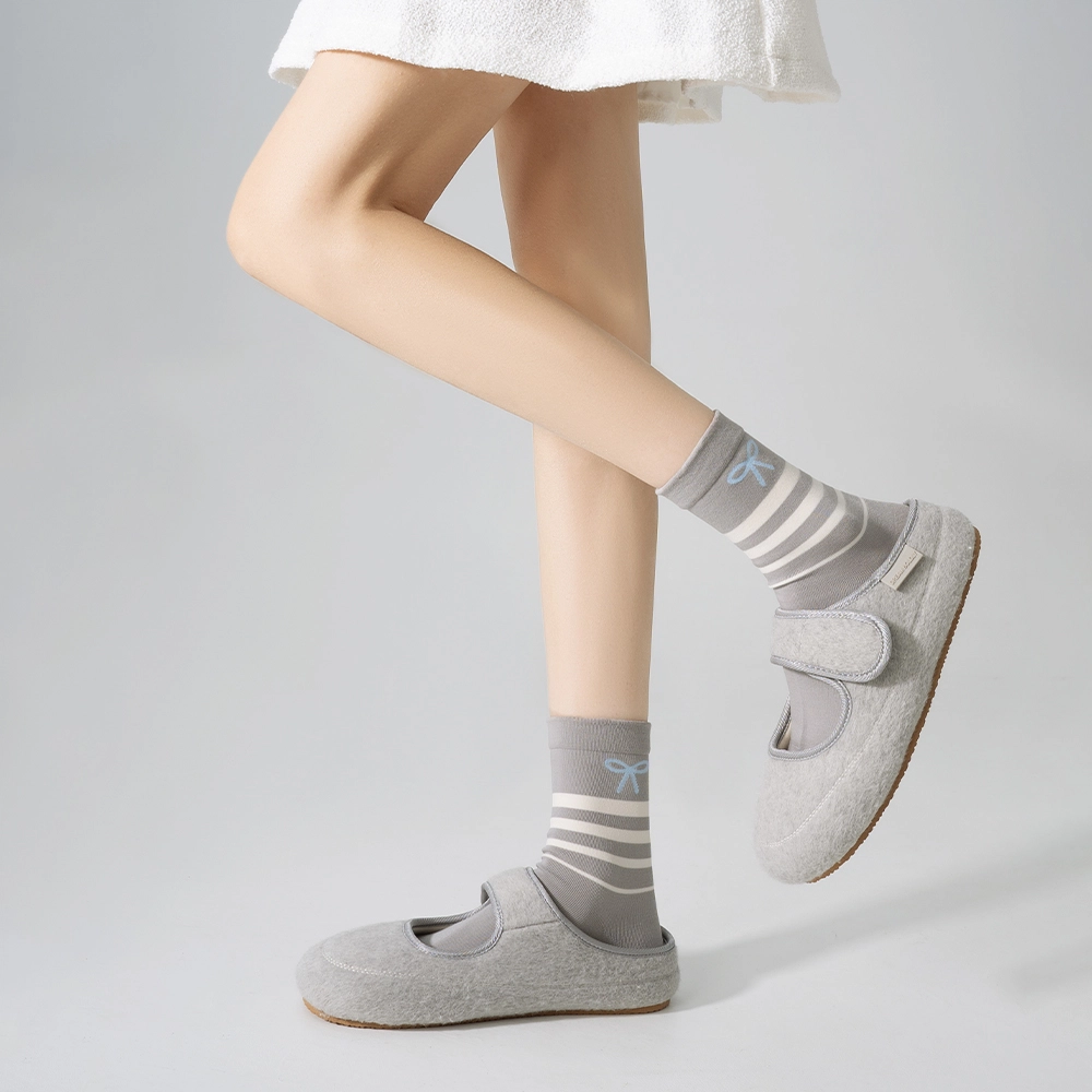 江狗 蝴蝶结灰色袜子格雷系甜美中筒袜 女款