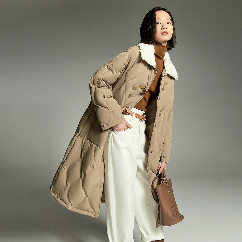 初语 毛绒领菱格纹复古长款过膝加厚外套羽绒服 女款