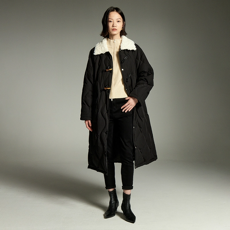 初语 毛绒领菱格纹复古长款过膝加厚外套羽绒服 女款