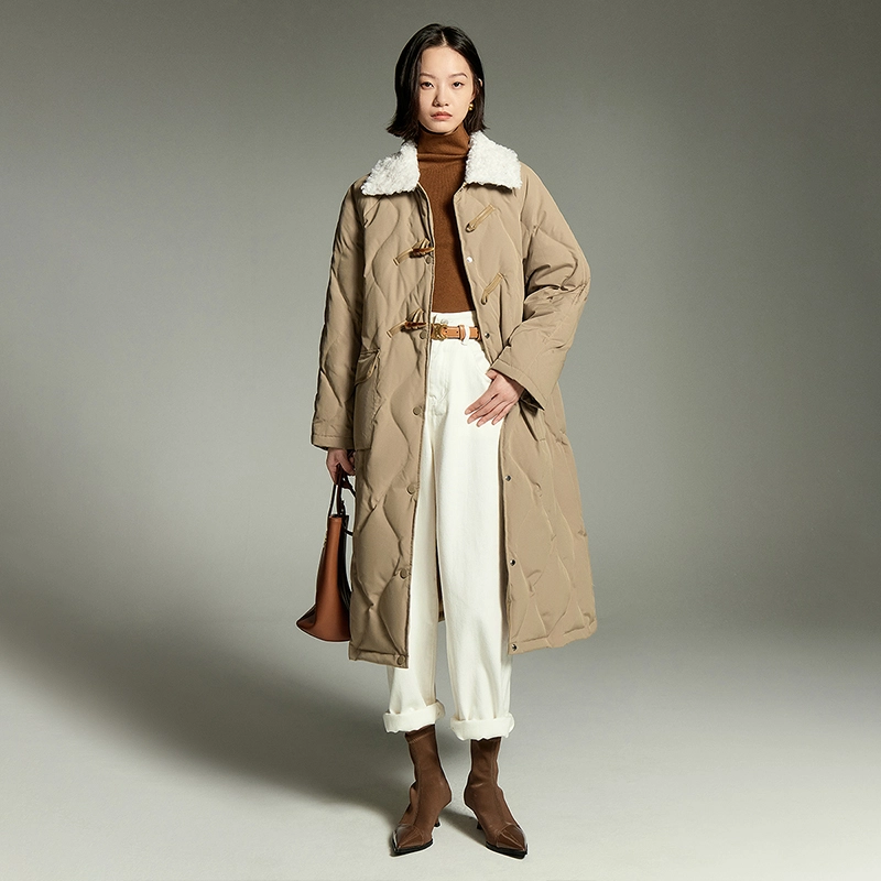 初语 毛绒领菱格纹复古长款过膝加厚外套羽绒服 女款