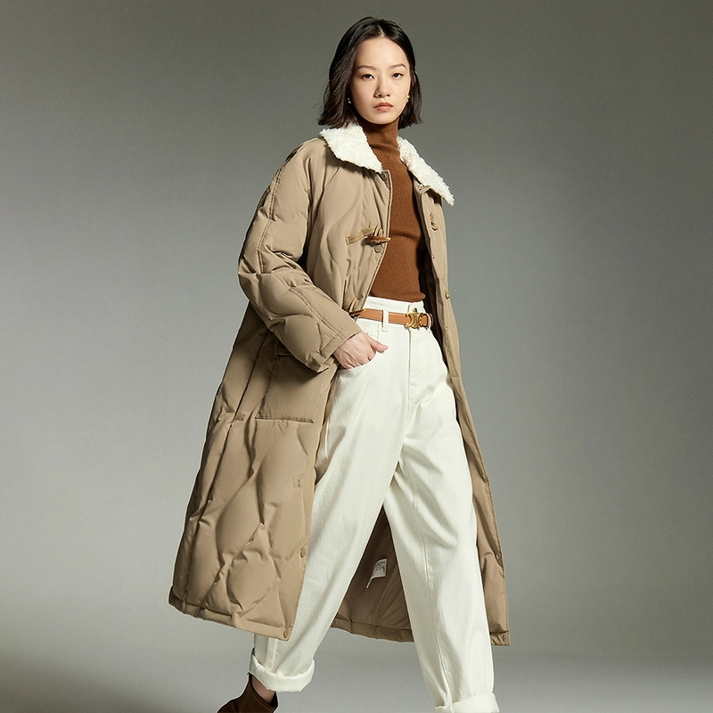 初语 毛绒领菱格纹复古长款过膝加厚外套羽绒服 女款