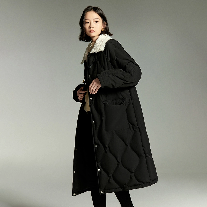 初语 毛绒领菱格纹复古长款过膝加厚外套羽绒服 女款
