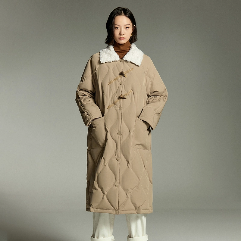 初语 毛绒领菱格纹复古长款过膝加厚外套羽绒服 女款