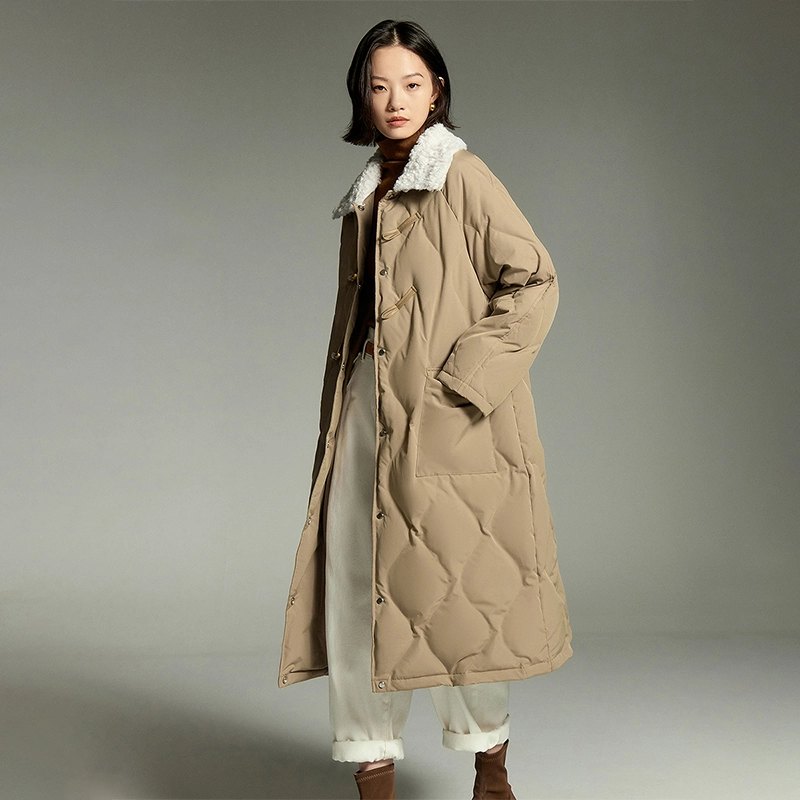 初语 毛绒领菱格纹复古长款过膝加厚外套羽绒服 女款
