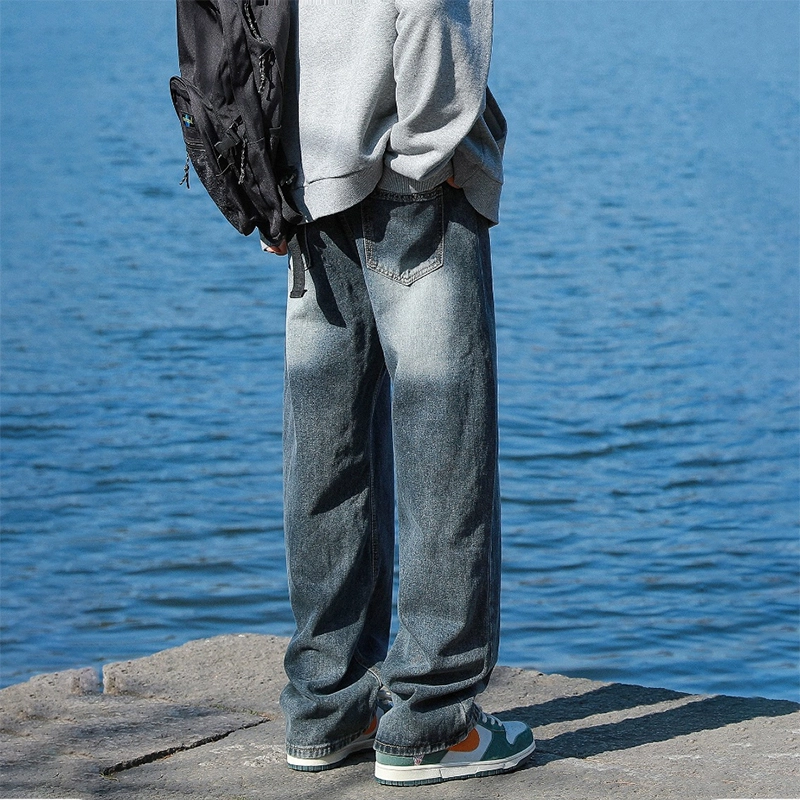 羽浅 水洗做旧阔腿裤美式宽松休闲裤子牛仔裤 男女同款