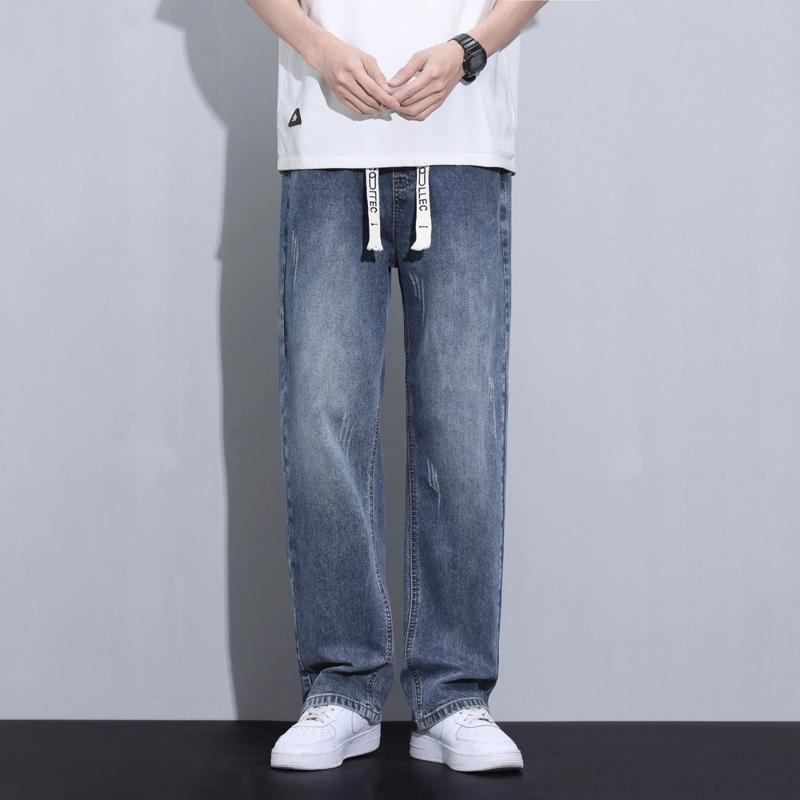羽浅 耐磨耐脏松紧腰男宽松阔腿复古潮牌休闲工作直筒裤夏季牛仔裤 男女同款