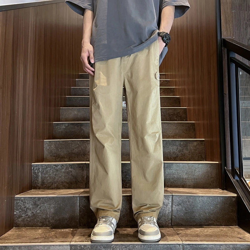 羽浅 美式宽松直筒薄款纯棉工装褶皱条纹设计感简约百搭阔腿休闲裤 男款