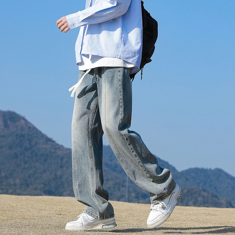 羽浅 水洗做旧阔腿裤美式宽松休闲裤子牛仔裤 男女同款