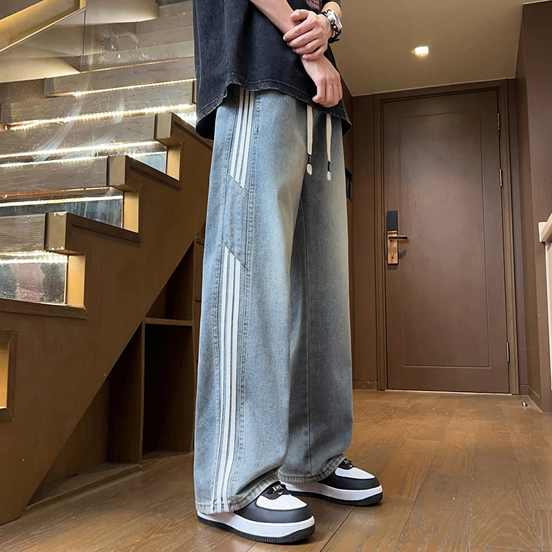 羽浅 春夏高街宽松休闲长裤美式复古直筒牛仔裤 男款