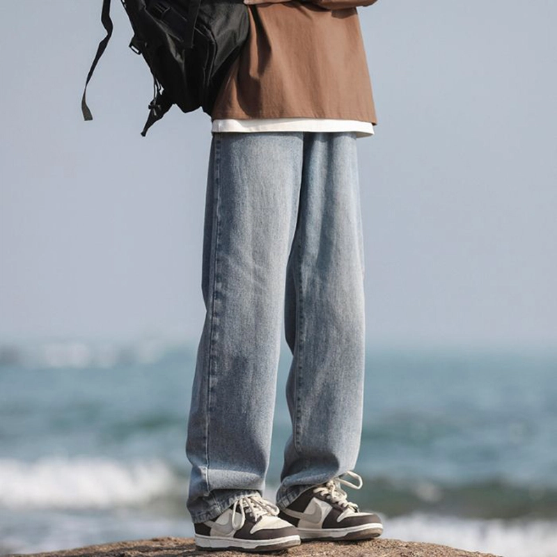 羽浅 美式复古高街嘻哈潮流宽松直筒阔腿弹力牛仔裤 男款