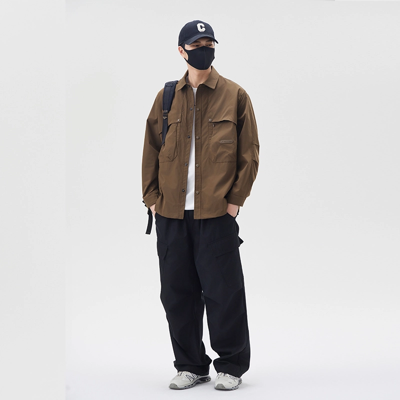 羽浅 山系机能工装大口袋衬衫翻领外套男春秋季青年时尚单排扣纯色夹克 男款