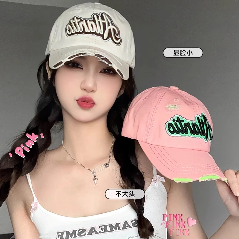 【素颜通勤神器 甜酷百搭ins】 攸委 破洞字母嘻哈鸭舌帽女款夏季显脸小 棉 韩版软顶宽帽檐大头围街头潮流遮阳防晒帽子 男女同款情侣款