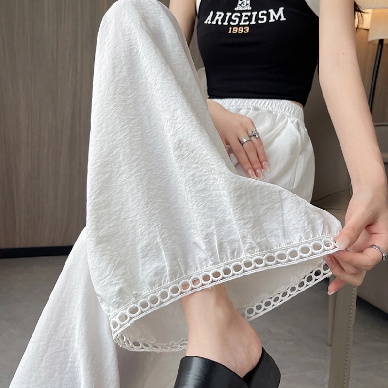 水中花 法式慵懒高腰显瘦阔腿垂感蕾丝拼接百搭宽松休闲裤 女款