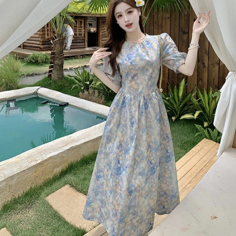 水中花 大码韩系高级感碎花油画风裙子短袖连衣裙 女款