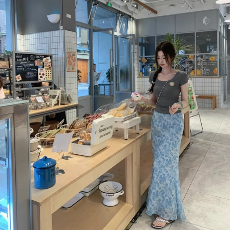 水中花 法式时尚碎花图案鱼尾高腰修身清新百搭休闲长裙 女款