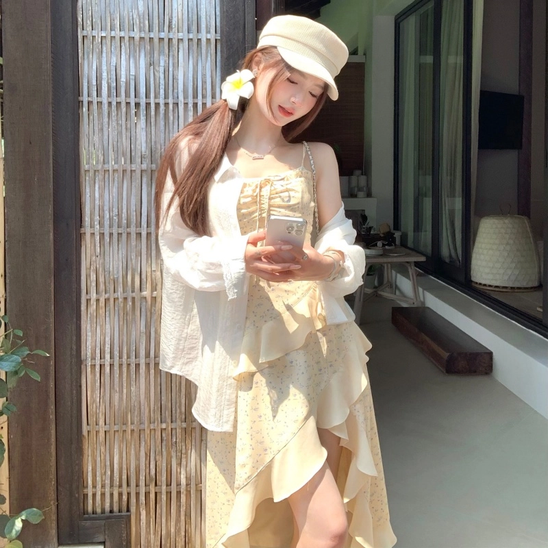 水中花 法式少女不规则拼接设计感荷叶边碎花长裙吊带连衣裙 女款