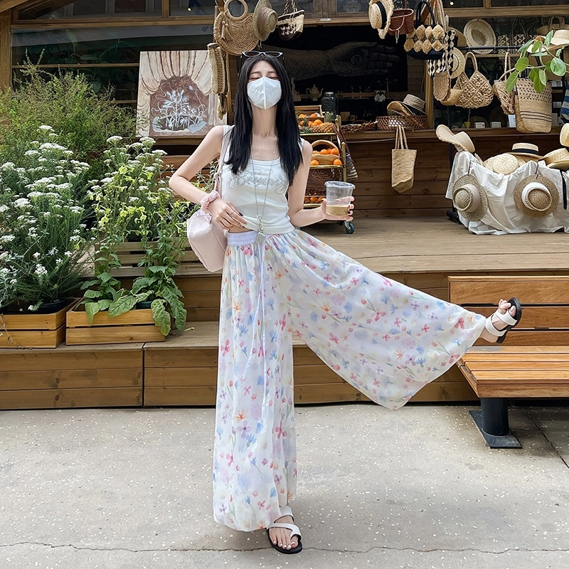 水中花 法式温柔风优雅花苞设计宽松碎花图案高腰显瘦休闲裤 女款